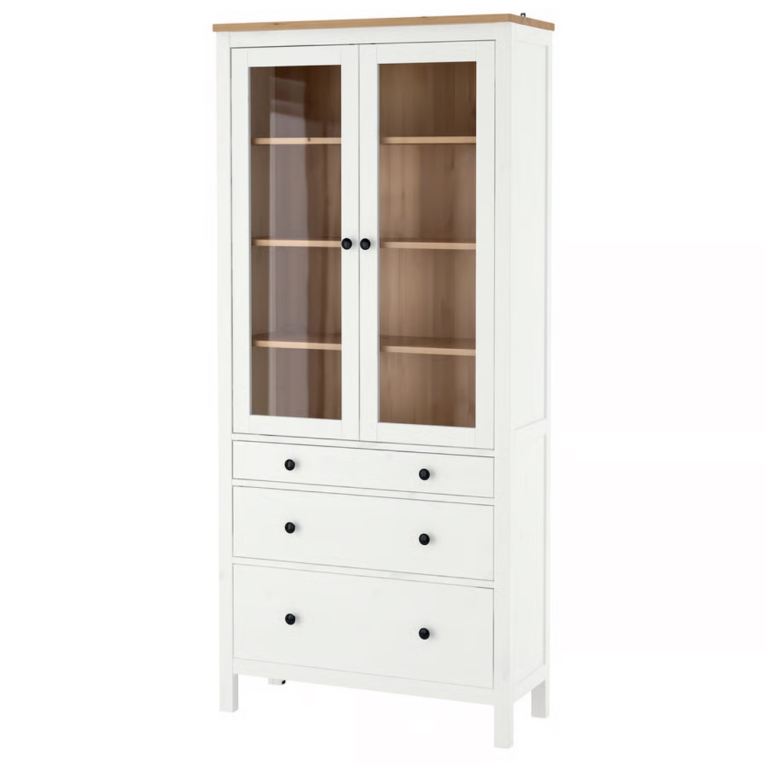 IKEA HEMNES Glass-Door Cabinet With 3 Drawers White Stain/Light Brown 90x197cm