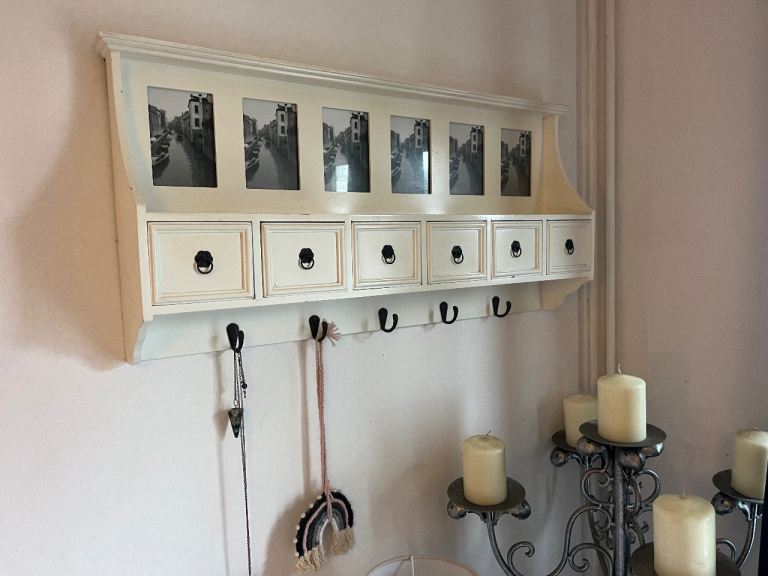 Beautiful Large Rustic White Cabinet Wigh Hooks & Drawers.