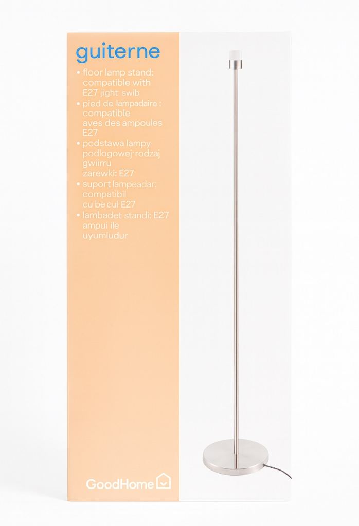 GoodHome Guiterne Floor Lamp Stand – Brushed Chrome Effect, E27 Bulb Compatible (Brand new) 