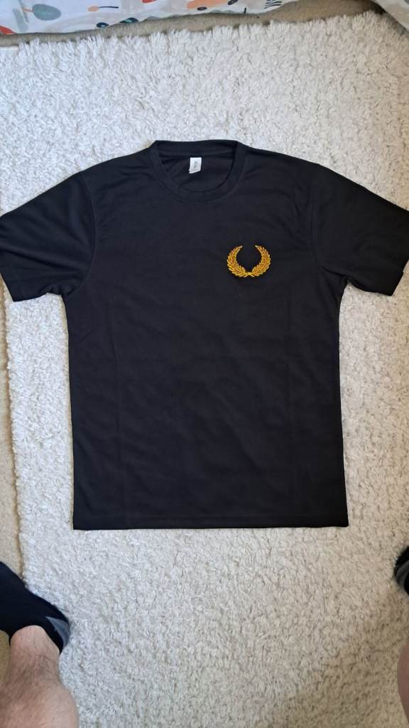 Black T-Shirt with Gold Laurel Wreath Logo - As Good As New