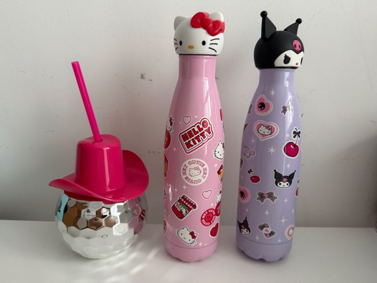 Hello Kitty & Kuromi Water Bottles with Disco Ball Cup