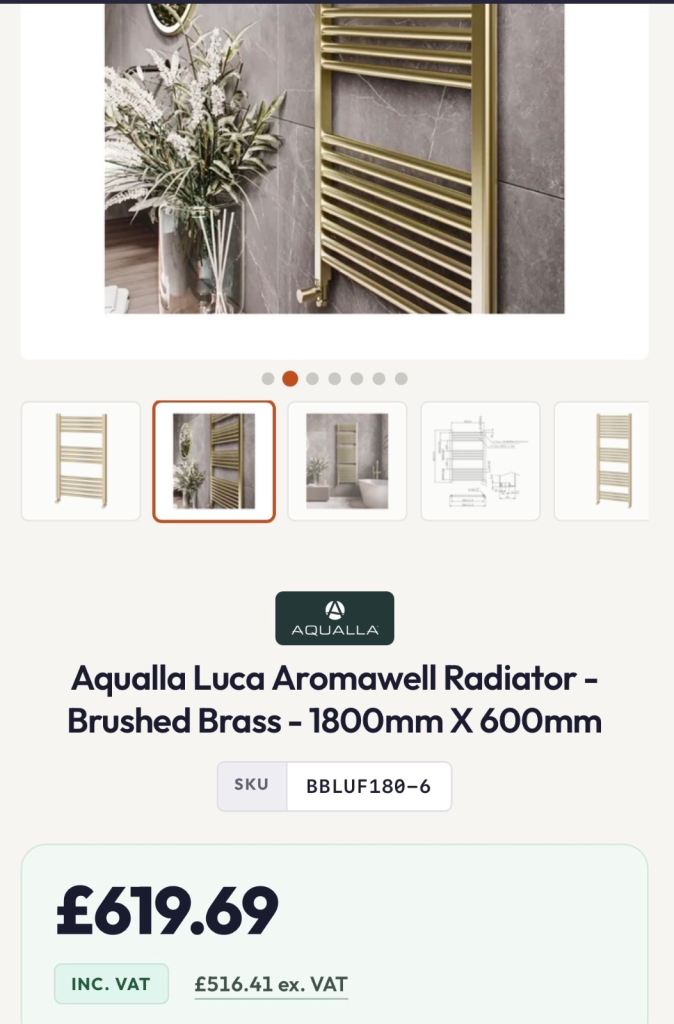 Aqualla Luca Aromawell Radiator - Brushed Brass 1800mm x 600mm RRP £619