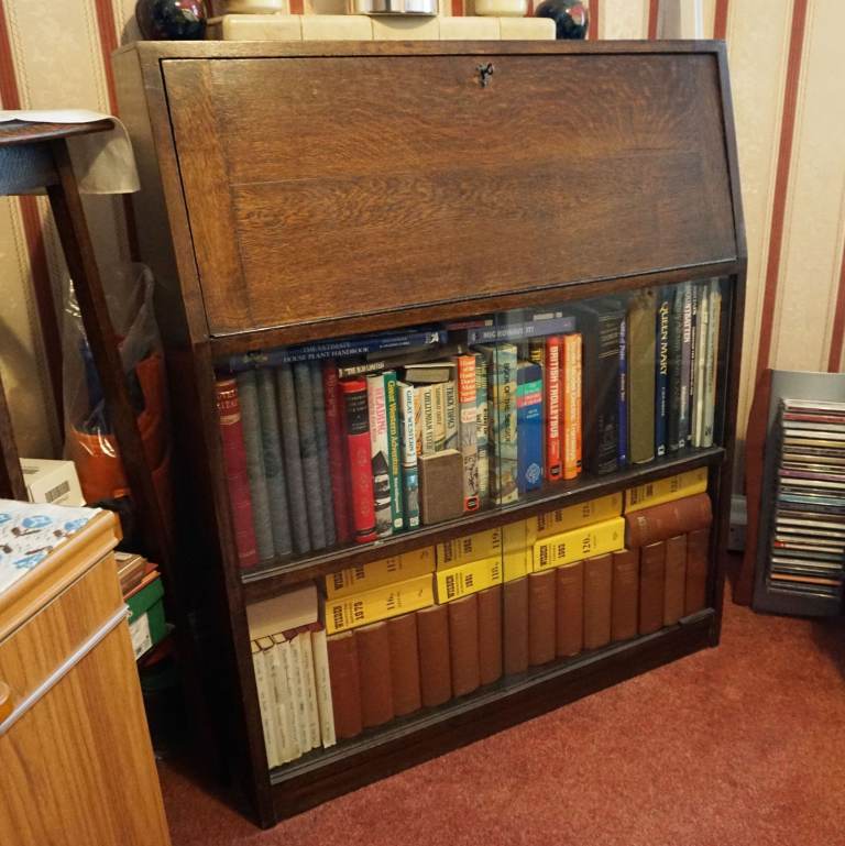 Mid Century Oak Bureau Writing Desk Office Furniture Vintage Dark Wood Glass-Fronted Bookcase