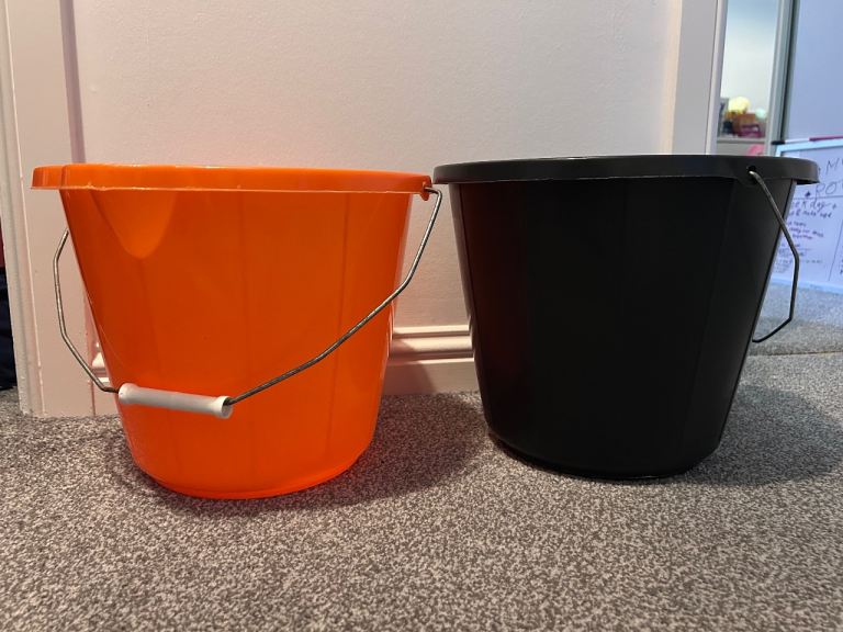 Two Durable Plastic Buckets – Orange and Black, Good Condition