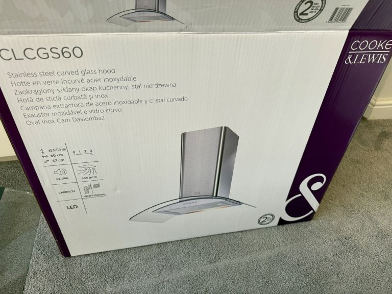 Cooke & Lewis CLCGS60 Stainless Steel Curved Glass Cooker Hood – NEW