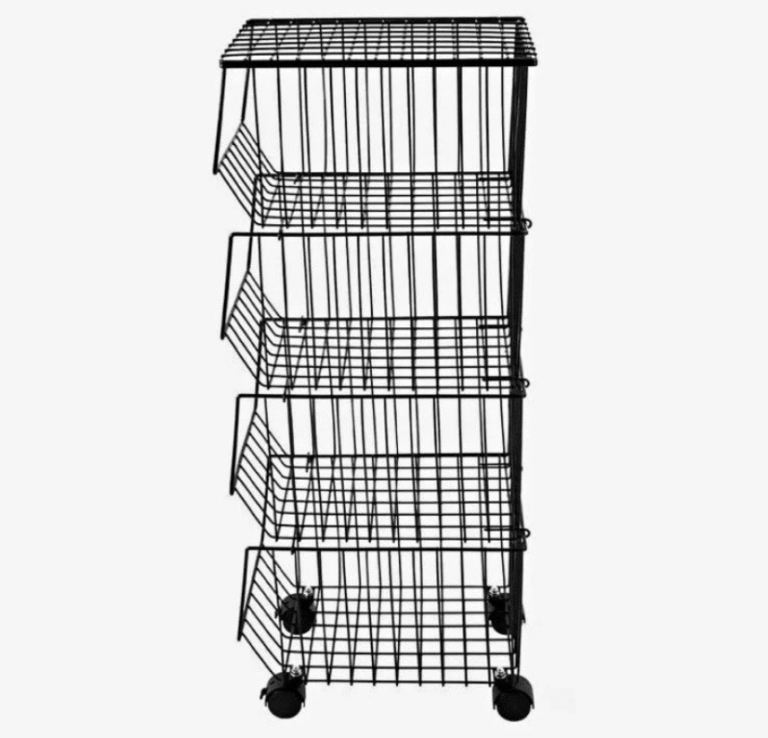 Black Metal Storage Rack with Baskets on Wheels