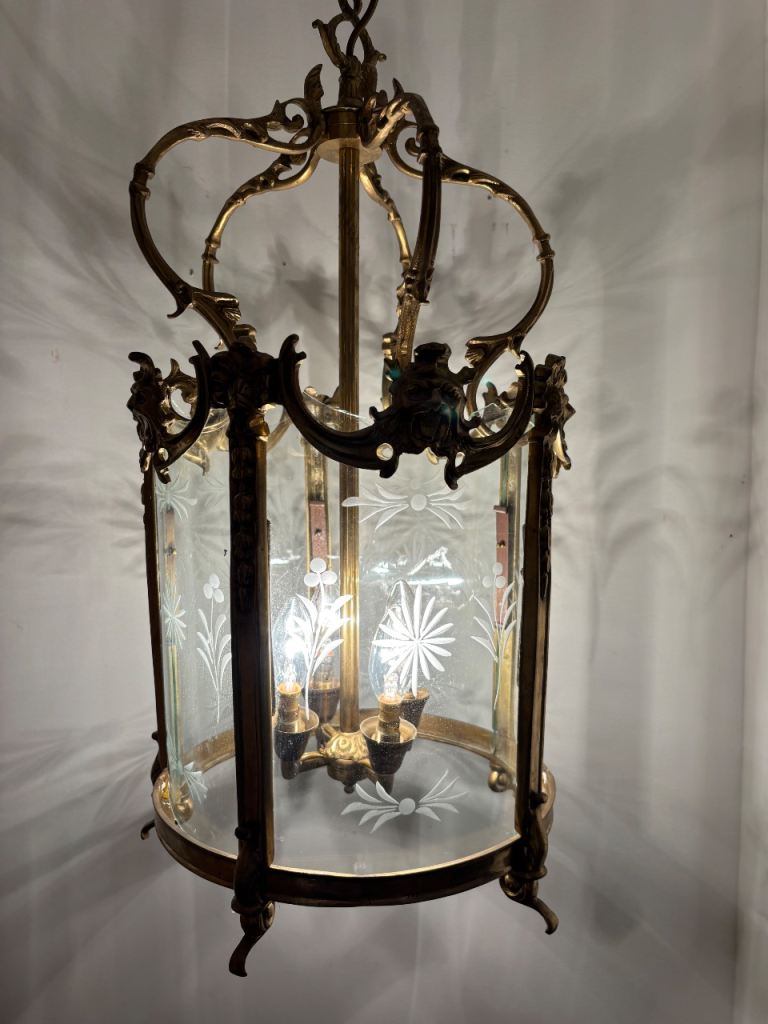 Large Lantern French Gilt Bronze Lantern 20th C Engraved Glass Panels 4 x Lamps