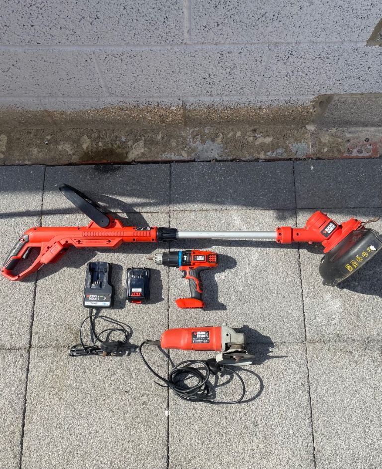 Black & Decker 18V Cordless Strimmer, Combi Drill, Angle Grinder & Charger Bundle