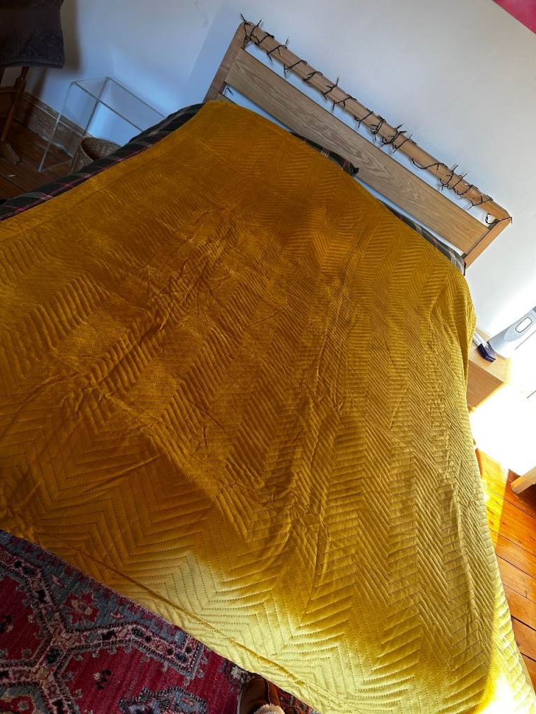 Mustard Velvet Bedspread / Throw 200cm x 150cm. Comfy and cosy - as new.