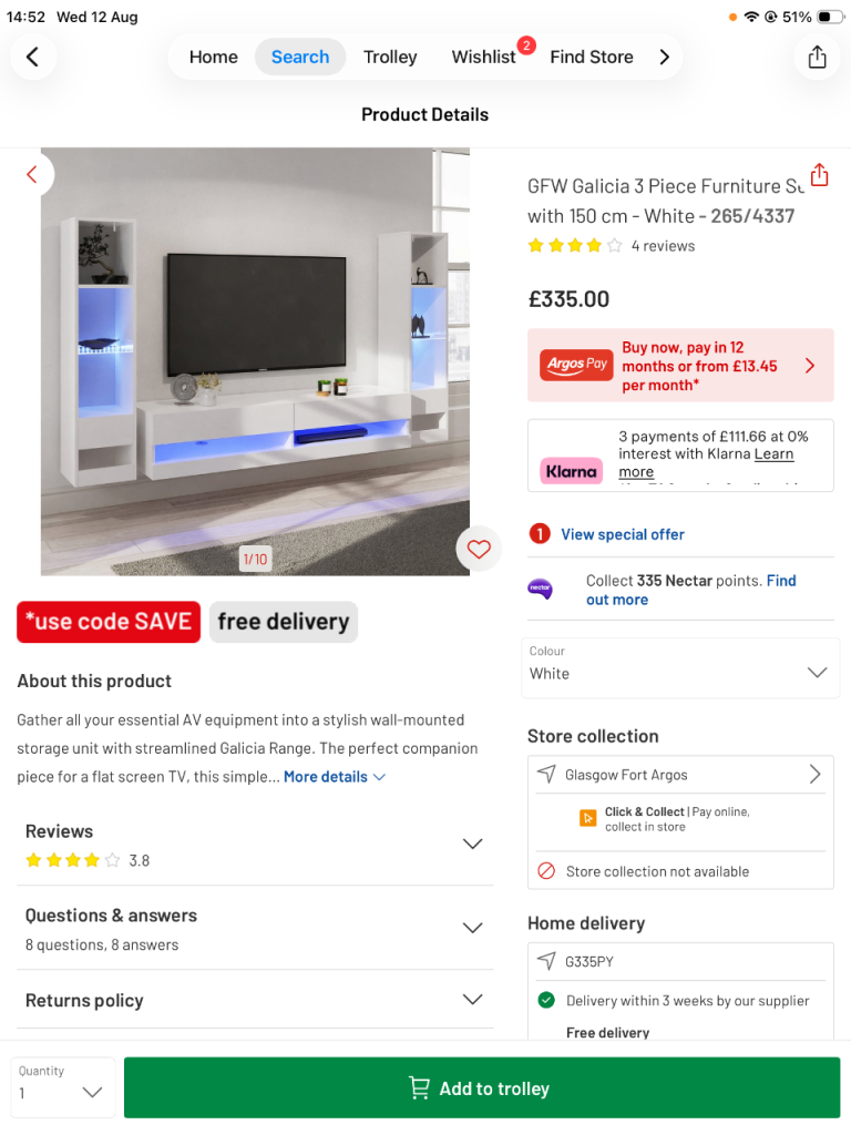 GFW Galicia 3 Piece Wall-Mounted TV Unit with LED Lighting - White