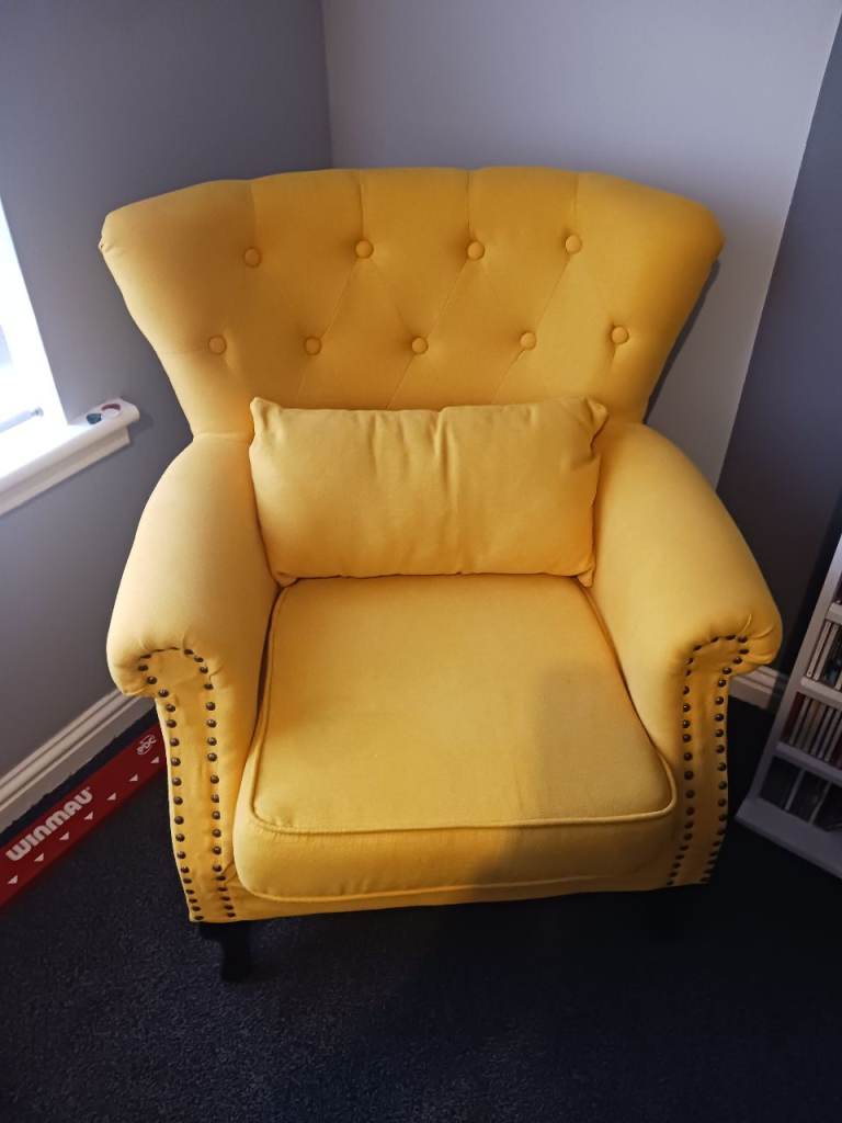 Yellow Upholstered Modern Armchair with Lumbar Pillow