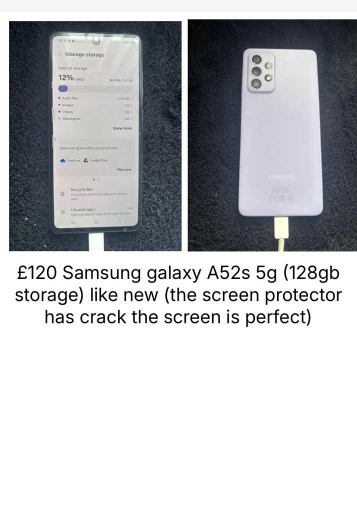 £120 Samsung galaxy A52s 5g (128gb storage) like new