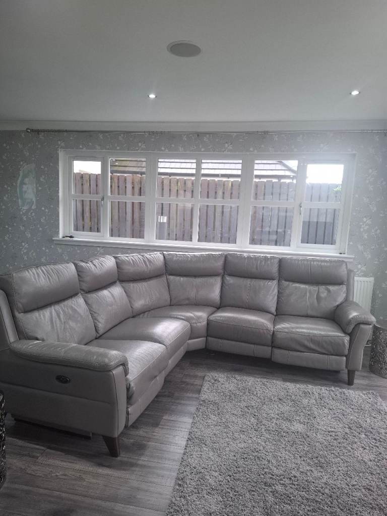 Sofology Leather Corner Sofa Fossil Grey power recliners and USB