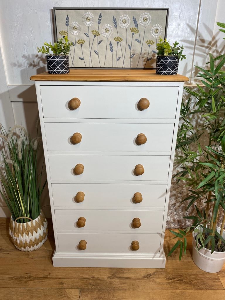 Pine tallboy/chest of drawers painted in Egyptian Cotton