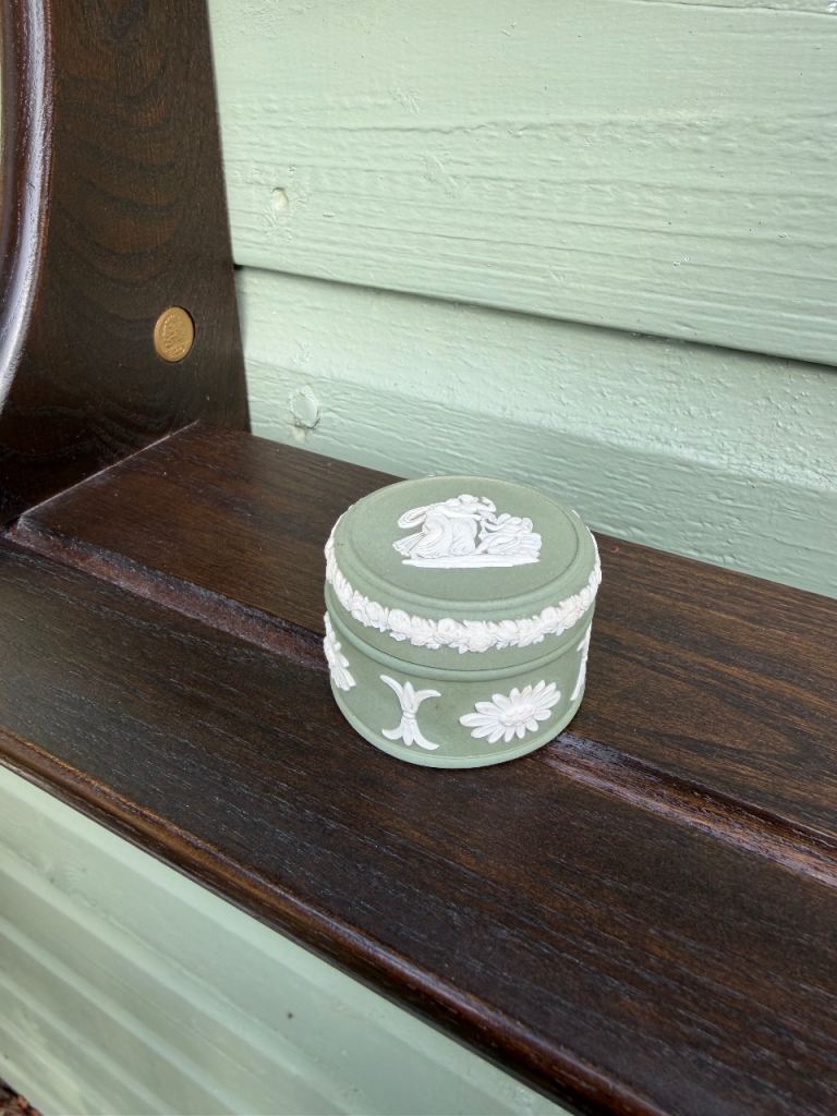 Vintage Wedgwood Sage Green Jasperware Trinket Box - Pegasus & Maidens