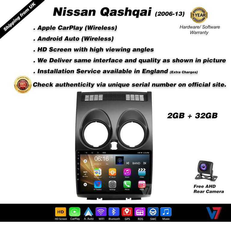 Nissan Qashqai 2006-13 CARPLAY Android Auto HD Screen Head Unit GPS Stereo LCD Panel V7