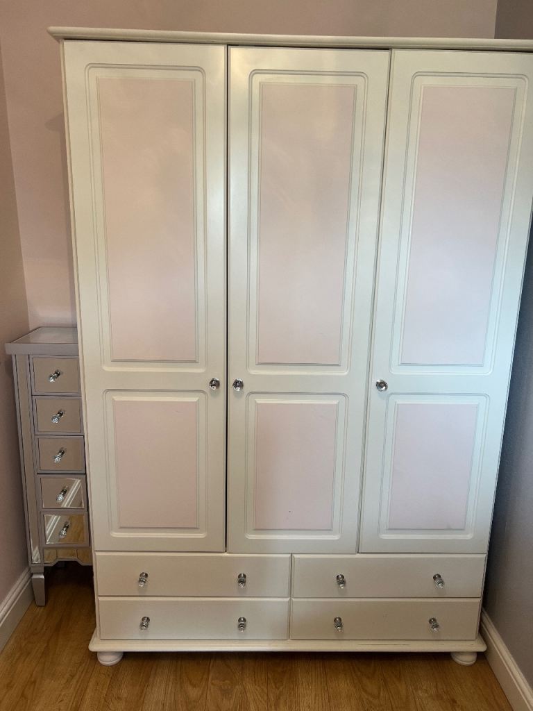 Triple door white wardrobe with drawers 