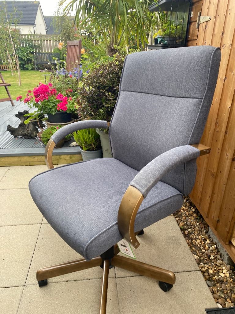 Grey Fabric Office Chair with Wooden Arms and Base