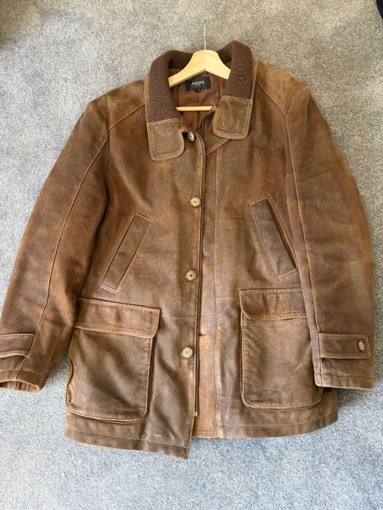 ARMA MAN Brown Leather Jacket - Size 48, Good Condition