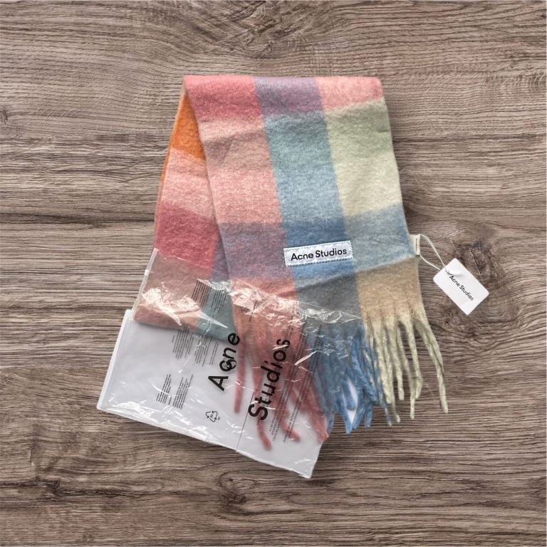 Acne Studios Multicolour Check Large Wool Scarf | Pastel Blue, Pink & Beige | Brand New