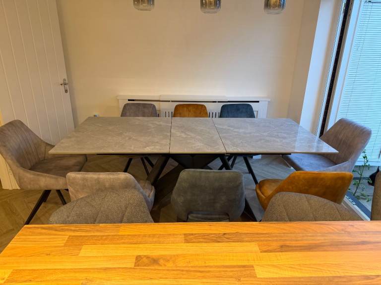 Extendable Ceramic Grey Marble Effect Dining Table and 8 swivel dining ...
