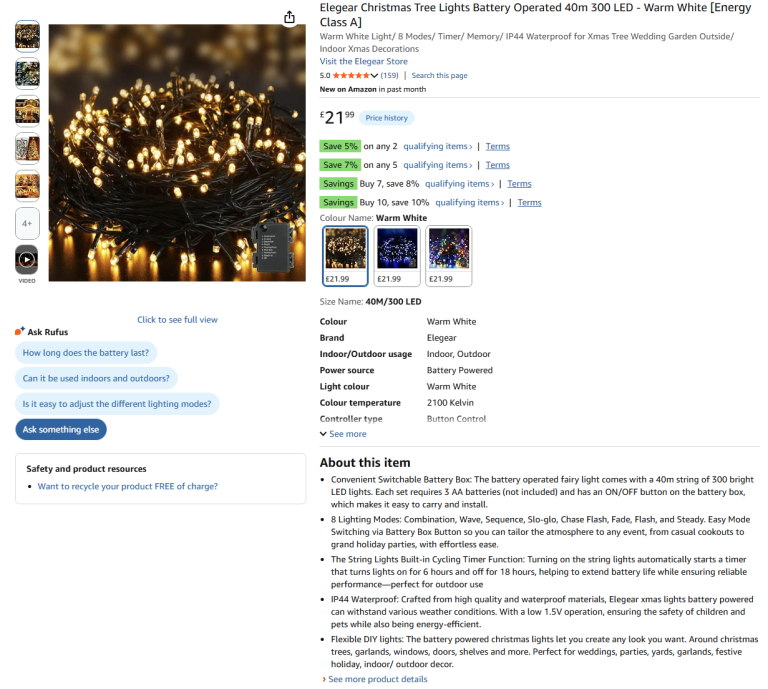 Brand New Sealed Elegear 40m 300 LED Battery Christmas Lights in Warm White - 50% Off!
