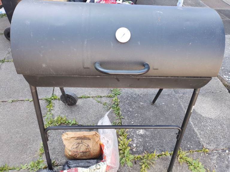 Barrel BBQ Grill with Thermometer and Utensils