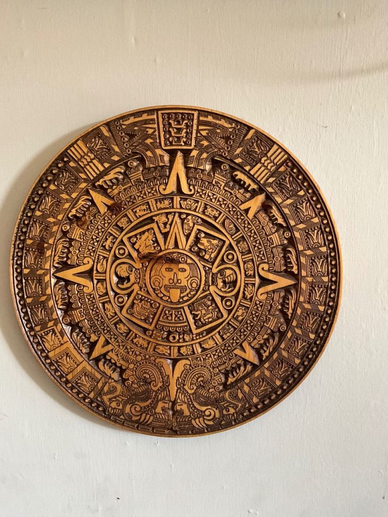 Vintage Wooden Aztec Mayan Mexico Calendar Hand Carved Inlay Wood Art Mexican 