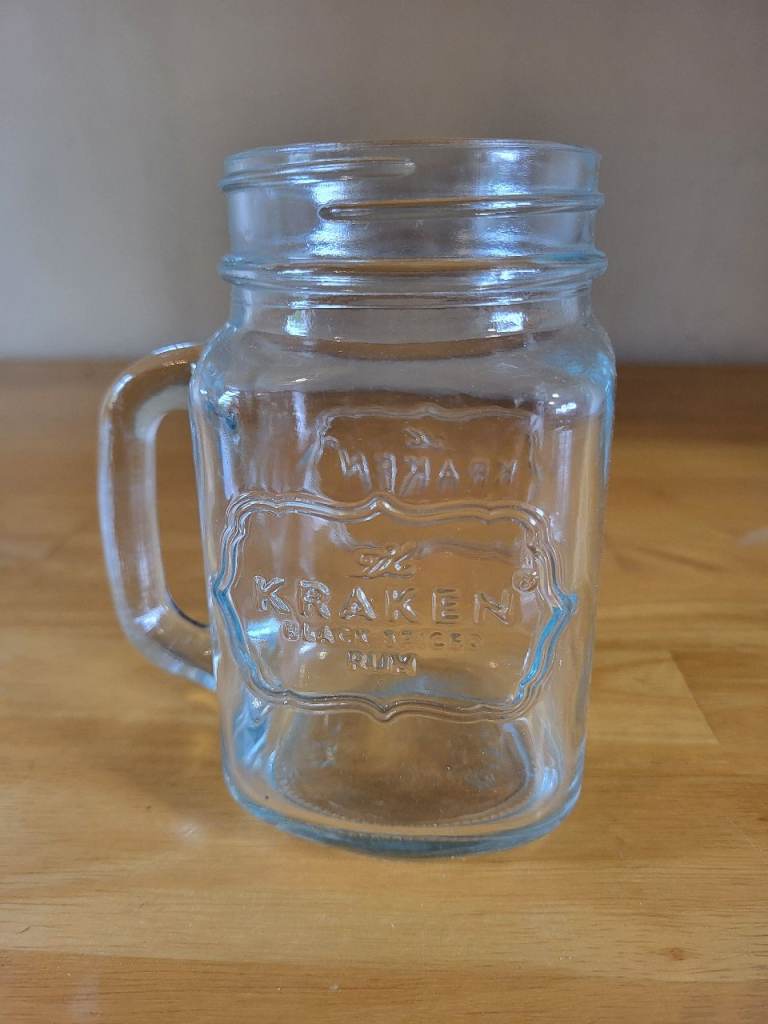Collectable Kraken Black Spiced Rum Clear Glass Mason Jar Mug With Handle 35cl.