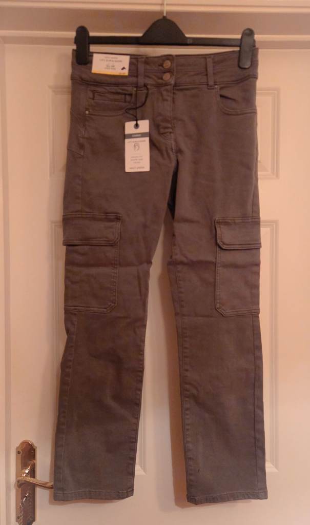 Next Khaki Cargo Slim High Rise Trousers UK 12P – New with Tags
