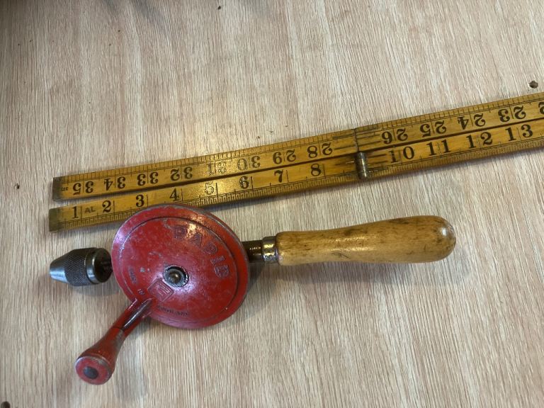 Vintage Hand Drill and Folding Ruler – Good Condition
