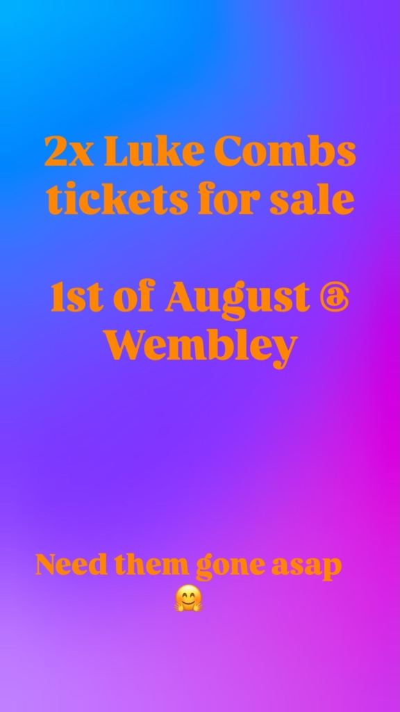 2x Luke Combs Concert Tickets – Wembley, 1st August