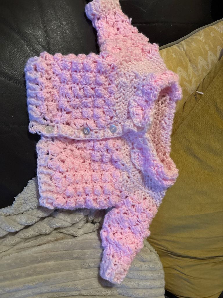 Handmade Pink Crocheted Baby Cardigan – Good Condition