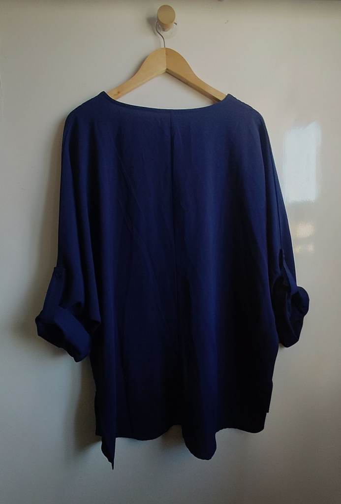 Navy Blue Oversized Summer Blouse – V-Neck, 3/4 Sleeves
