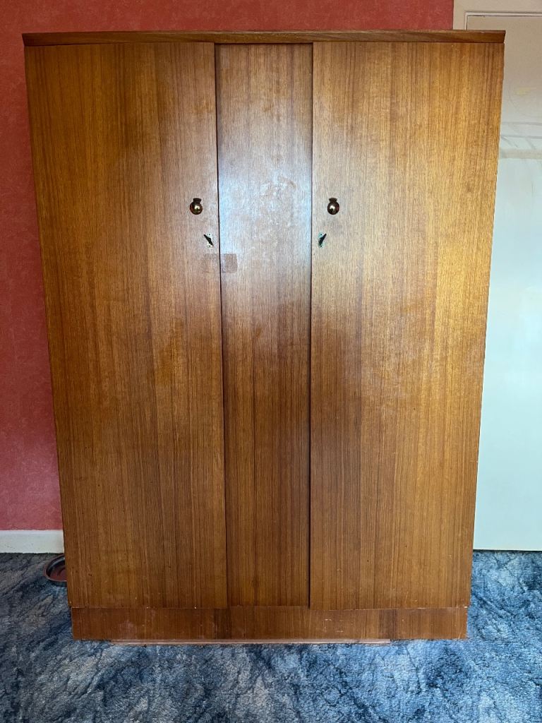 2 x Vintage His and Hers Wooden Wardrobe with Hanging Rails and Shelves