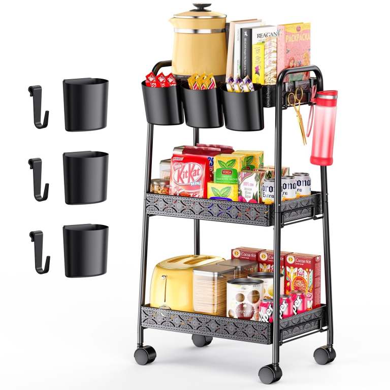 3-Tier Storage Trolley on Wheels, Metal Rolling Trolley Cart with Lockable Wheels & 3 Hanging Basket