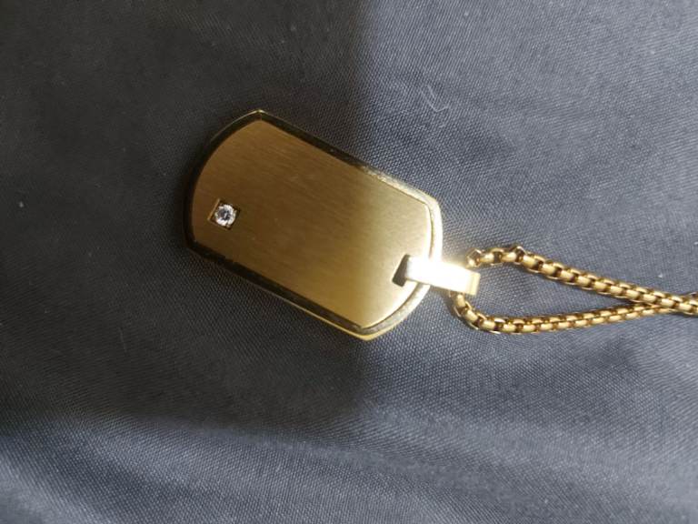 Mens gold chain with dog tag
