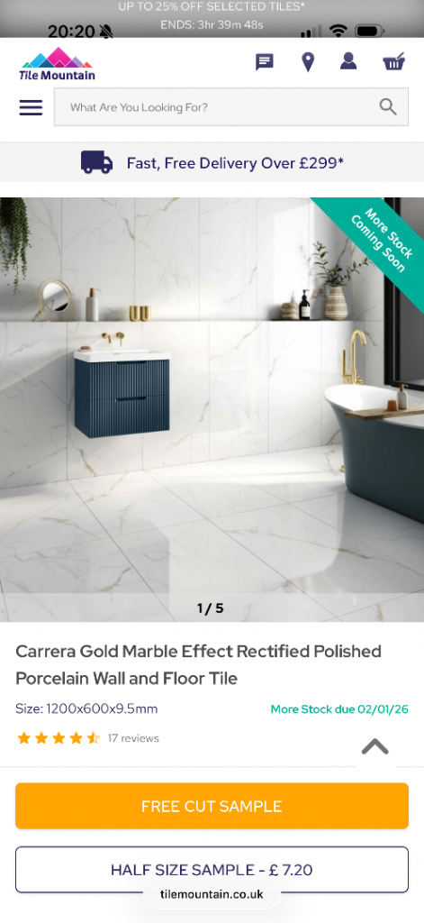 Carrera Gold Marble Effect Rectified Polished Porcelain Wall and Floor Tile