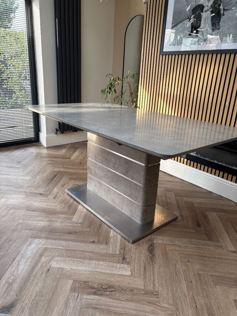 Modern Grey Dining Table with Metal Base – Good Condition