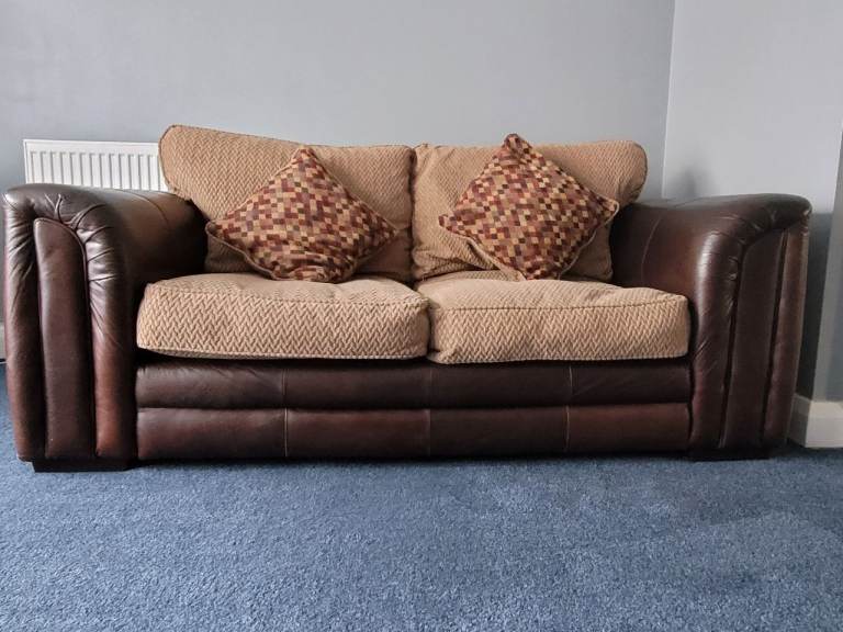 Large Double Fabric and Leatherette Sofa