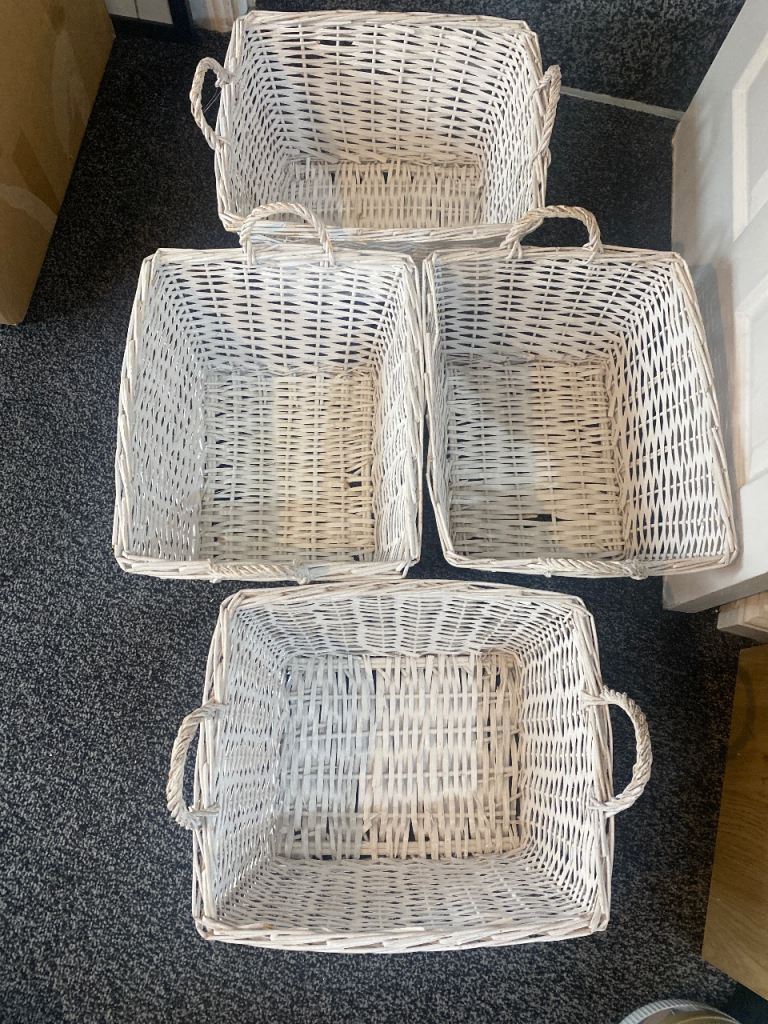 Set of 4 White Wicker Storage Baskets – Good Condition