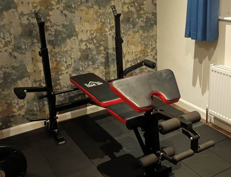 Gym Bench (Good Condition) Includes attachments - Black & Red