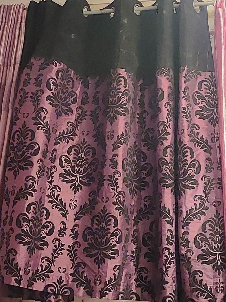 Pair of Purple and Black Damask Eyelet Curtains