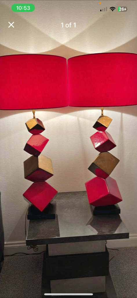 HUGE Red & Gold Stacked Dice Lamp Pair Of Matching Lamps Gillies Broughty Ferry
