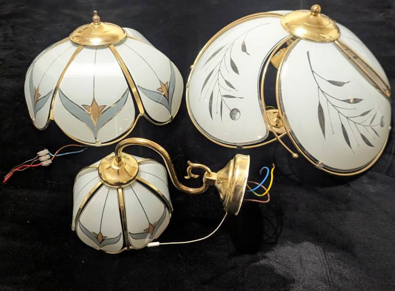 Vintage Poole Lighting 3pc Frosted Glass Pendant Ceiling Lights & Wall Sconce