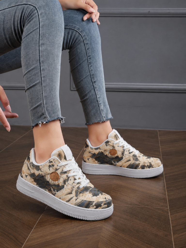 Custom Artistic Low-Top Sneakers – Unique Mountain & Sun Design