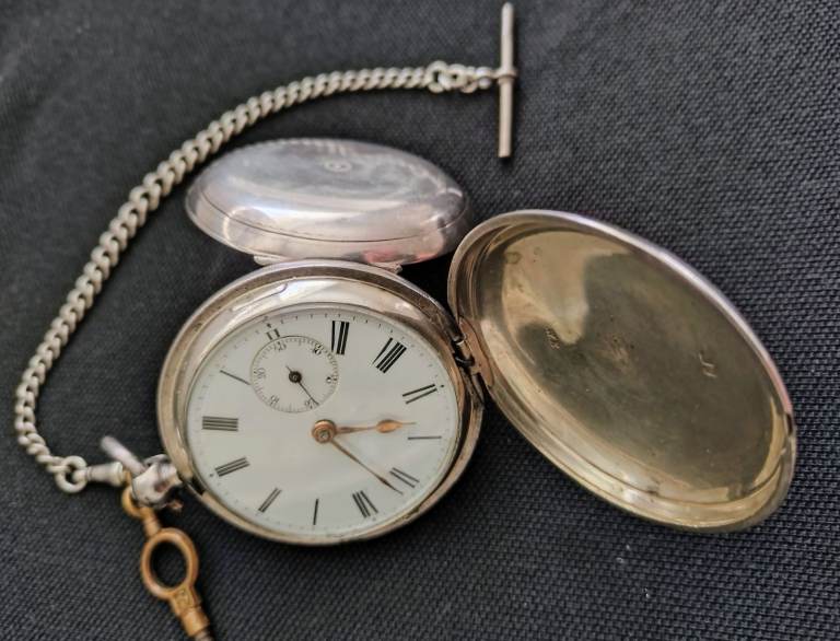 Antique Silver Pocket Watch with Albert Chain & Key