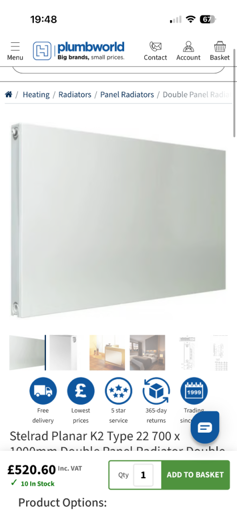 Stelrad Planar K2 Type 22 Double Panel Radiator 700x1000mm