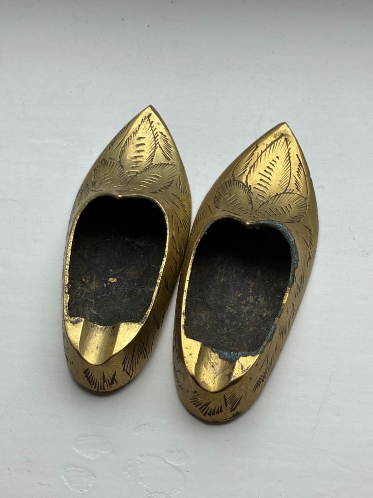  vintage Indian etched brass shoe or slipper-shaped ashtrays