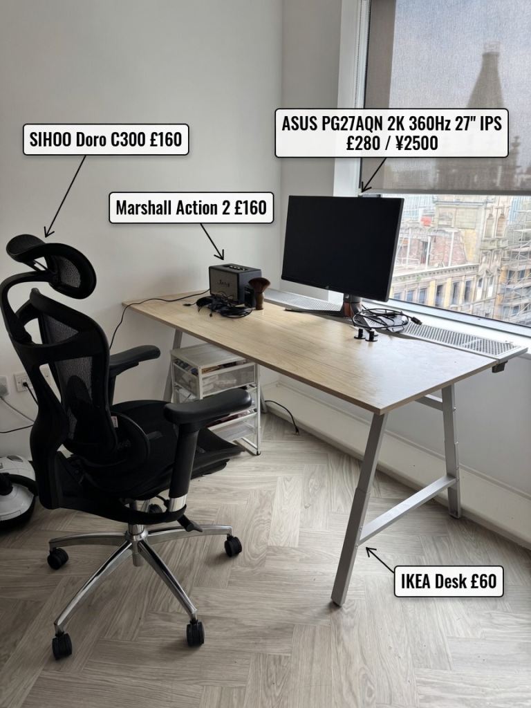 SIHOO Chair + Marshall Speaker + ASUS 360Hz Monitor + IKEA Gaming Desk